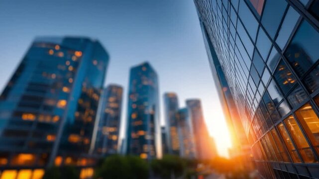 Cityscape Silhouette: Urban skyline at sunset, with modern skyscrapers reaching toward the twilight sky, casting a dramatic silhouette against the sun's radiant glow.
