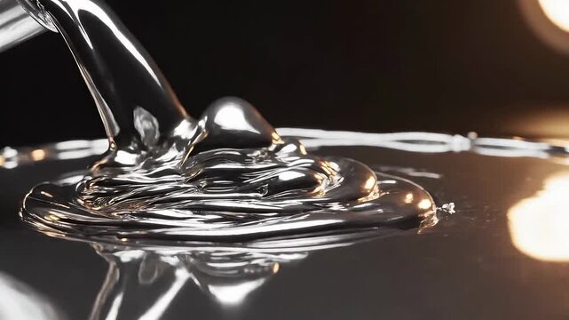 Clear metal liquid pouring on dark surface slow motion video. Thick water or glycerin gel flow texture. Abstract purity fluid splash for cosmetic skincare serum or hydration concept