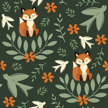 Seamless Forest Pattern with Cute Foxes, Birds and Floral Elements on Dark Green Background. Cozy pattern, folk theme, botanical elements, leaves and flowers are best for kids' textiles.