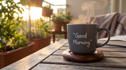 Steaming coffee mug displaying Good Morning message on a wooden table. Golden hour light shines through a blurred balcony garden.