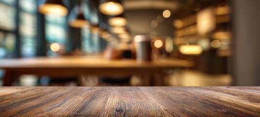 Obraz premium The wooden table in a cozy blurred cafe interior with warm bokeh lights