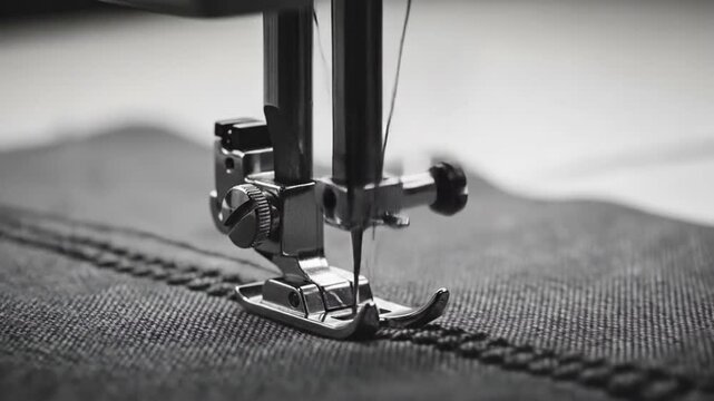 Close-up of a sewing machine stitching a seam on denim fabric with precision.