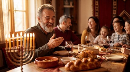 Joyful senior man with beard talking and gesturing at a family Hanukkah dinner. Cozy dining room with a glowing menorah and festive food.