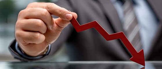 Businessman holds red arrow pointing down with falling graph in background representing market decline and financial challenges faced in 2023