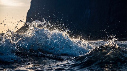 Powerful ocean wave splashing in golden sunlight, water drops suspended in air. Dramatic dark silhouette of a coastal cliff in the background.