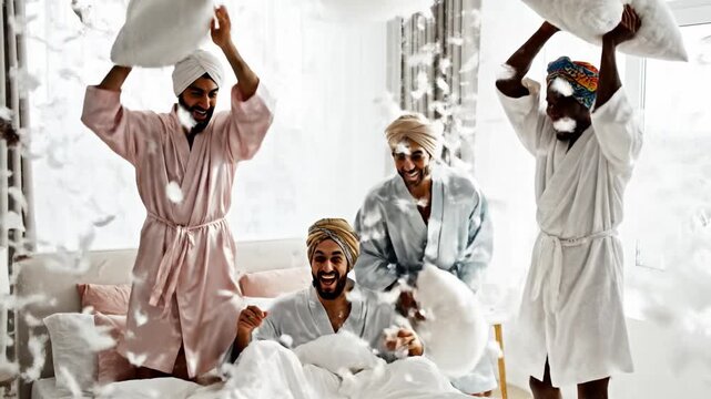 Group of men in silk robes and turbans enjoy a playful pillow fight with feathers flying in a bright bedroom. This scene breaks stereotypes with joy. Ideal for social equality campaigns.
