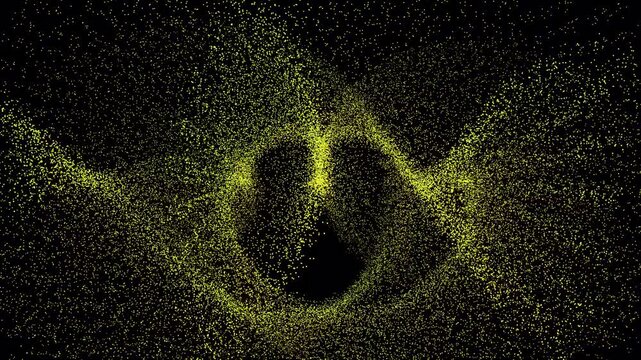 Transparent overlay spiral of yellow particles bursts around a dark undefined shape in motion, perfect for dynamic backgrounds or motion graphics projects. (alpha channel)