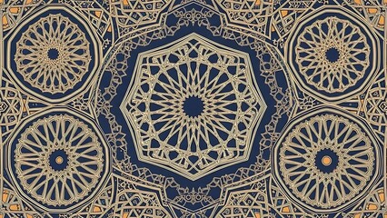 Intricate gold and blue Islamic geometric pattern with star and mandala shapes, elegant ornamental background.