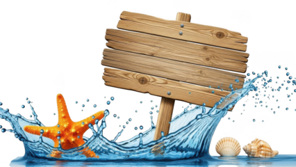 Starfish and seashells on a beach with a wooden sign board emerging from a water splash