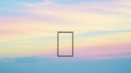 Sky Frame: An empty frame hangs against the backdrop of a pastel sky, inviting viewers to imagine what could be, offering a glimpse of serenity and potential.