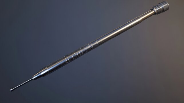 A gleaming stainless steel thermometer probe with a slender cylindrical shape rests against a dark background