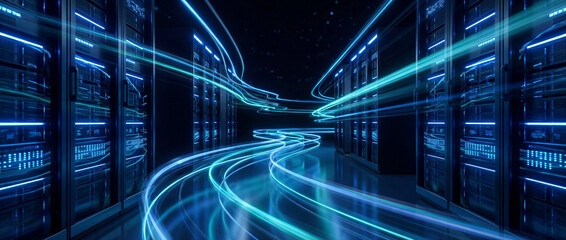 Data Highway: A striking digital representation of a server room, with lines of light creating a network connection, highlighting the technological prowess within. 