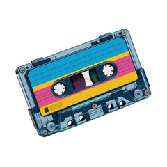 Naklejka premium Vintage Audio Cassette Tape with Colorful Label Isolated on Black Background Retro Music and Technology Illustration