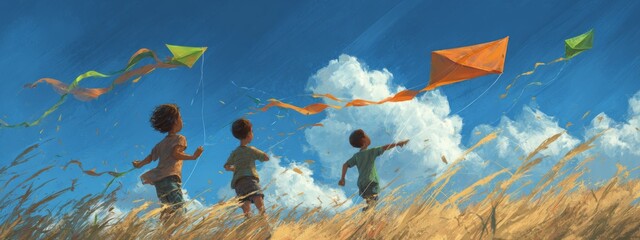 Children Fly Kites on Breezy Summer Afternoon Under a Wide Blue Sky with Fluffy White Clouds