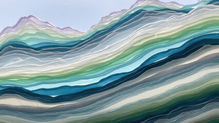 Abstract Serenity: A mesmerizing, abstract visualization of rolling hills or mountains, rendered in harmonious watercolor washes of blues, greens, and grays, evoking a sense of tranquility.