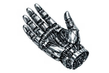 Robotic hand showing futuristic bionic limb with metallic details, artificial intelligence and engineering concept. Transparent background