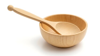 Light Wooden Bowl with Spoon Isolated on White Background
