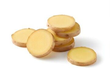 Fresh Ginger Slices Isolated on White Background