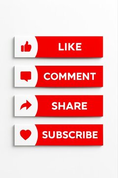 Red youtube subscribe button with notification bell and icons for like comment and share on a white background