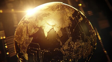 A gleaming golden globe with intricate digital circuits glowing on its surface representing global technology and interconnectedness