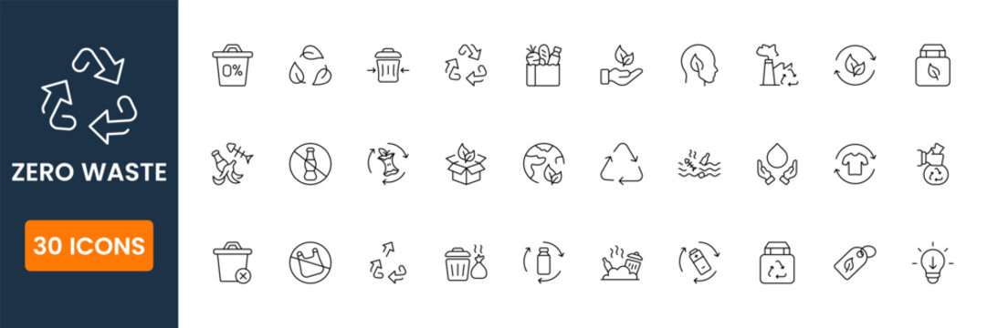 Zero waste icon set with recycling reuse compost eco friendly lifestyle vector symbols for sustainability environmental design