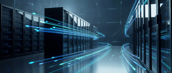Digital Data Flow in a Server Room: A modern data center comes alive with the movement of digital data, as high-tech server racks form the backbone of a high-speed network.