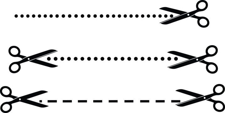 Black scissors icons cutting along dotted and dashed straight lines for coupon vouchers craft projects and paper tailoring concepts