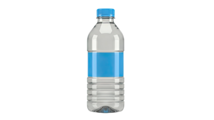 Clear plastic water bottle with blue cap and label