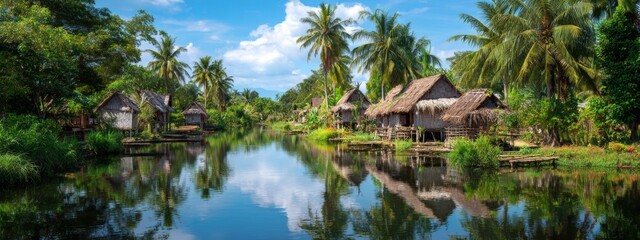 Obraz premium Tranquil Tropical River Scene with Stilt Houses Surrounded by Lush Greenery and Calm Waters under a Bright Blue Sky