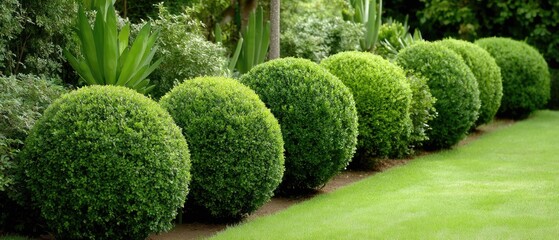 Ornamental garden with topiary bushes and a green path in a well-maintained park setting