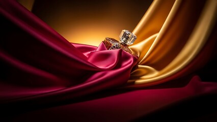 Perfume bottle on red and gold silk fabrics glass red silk