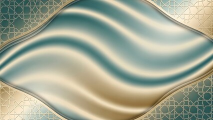 Luxurious Teal Gold Wavy Satin Fabric with Geometric Pattern Background