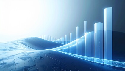 Abstract digital landscape with glowing blue bar graphs representing data visualization and financial growth in a futuristic setting.