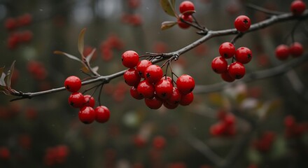 Bright Red Berries on Tree Branch