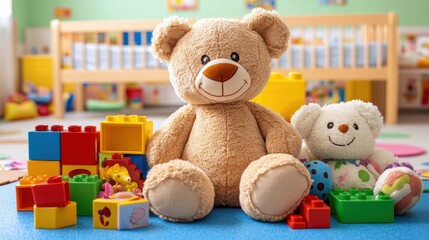 A large fluffy teddy bear sits surrounded by colorful children's building blocks and toys on a blue surface in a bright room