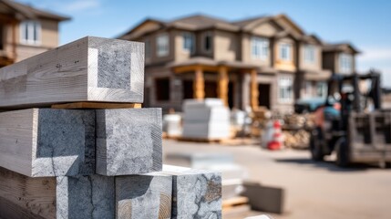 Close-up view of stacked wooden planks in a construction yard with construction materials in the background during bright daylight