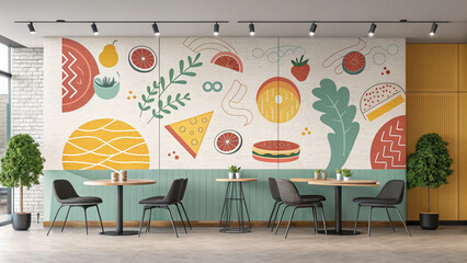 Modern Restaurant Interior Design with Colorful Abstract Food Mural and Contemporary Furniture © ahmad hussain