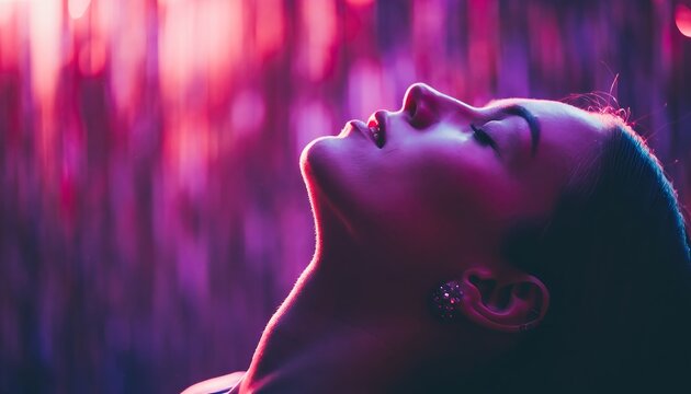 Beautiful woman's face in profile with closed eyes is illuminated by dramatic pink and purple neon light against a blurry, atmospheric background with bokeh