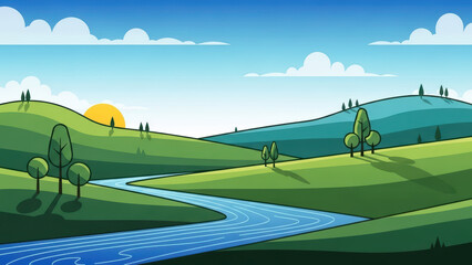 Scenic Hillside Landscape at Sunset with River