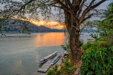 Laos. Luang Prabang,  Mekong River Cruises. Tour tourism on ships and boats. Paradise tourist resort	
