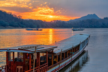 Laos. Luang Prabang,  Mekong River Cruises. Tour tourism on ships and boats. Paradise tourist resort	
