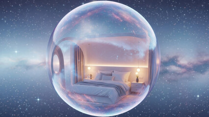 Celestial Retreat: A dreamlike interior space encapsulated within a translucent orb, floating amidst the starry expanse of the cosmos.