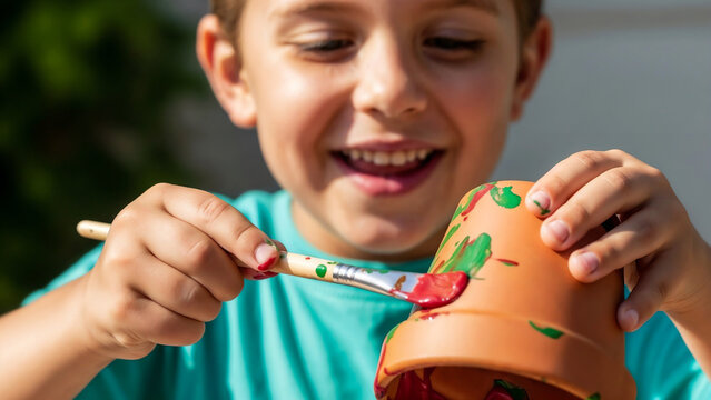 Child painting terracotta flower pot &mdash; symbol of creativity and joyful learning