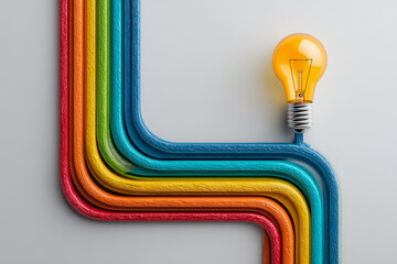 Bright pathways of color lead to a glowing lightbulb full of ideas