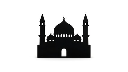 Minimalist black mosque silhouette with crescent moon, domes, and minarets on white