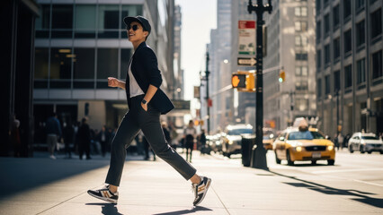 Obraz premium Woman jogging down city sidewalk with buildings and vehicles in background
