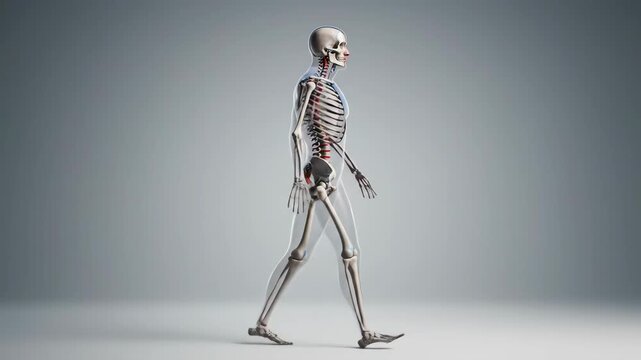 Detailed 3d rendering of the human skeletal system walking in a side profile view against a clinical gray studio background.