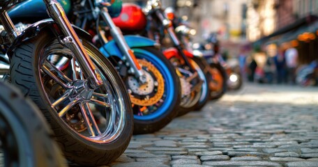 The motorcycles lined up on a cobblestone street in vibrant urban setting