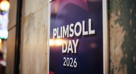 Plimsoll day 2026 event sign poster mounted on textured concrete wall urban setting.