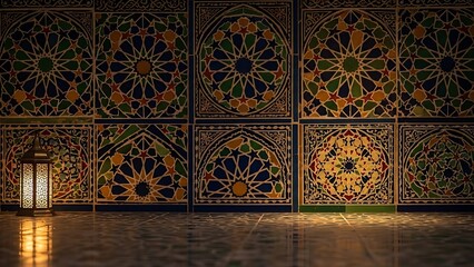 Moroccan Lantern Illuminating Intricate Islamic Geometric Mosaic Tiles with Warm Light